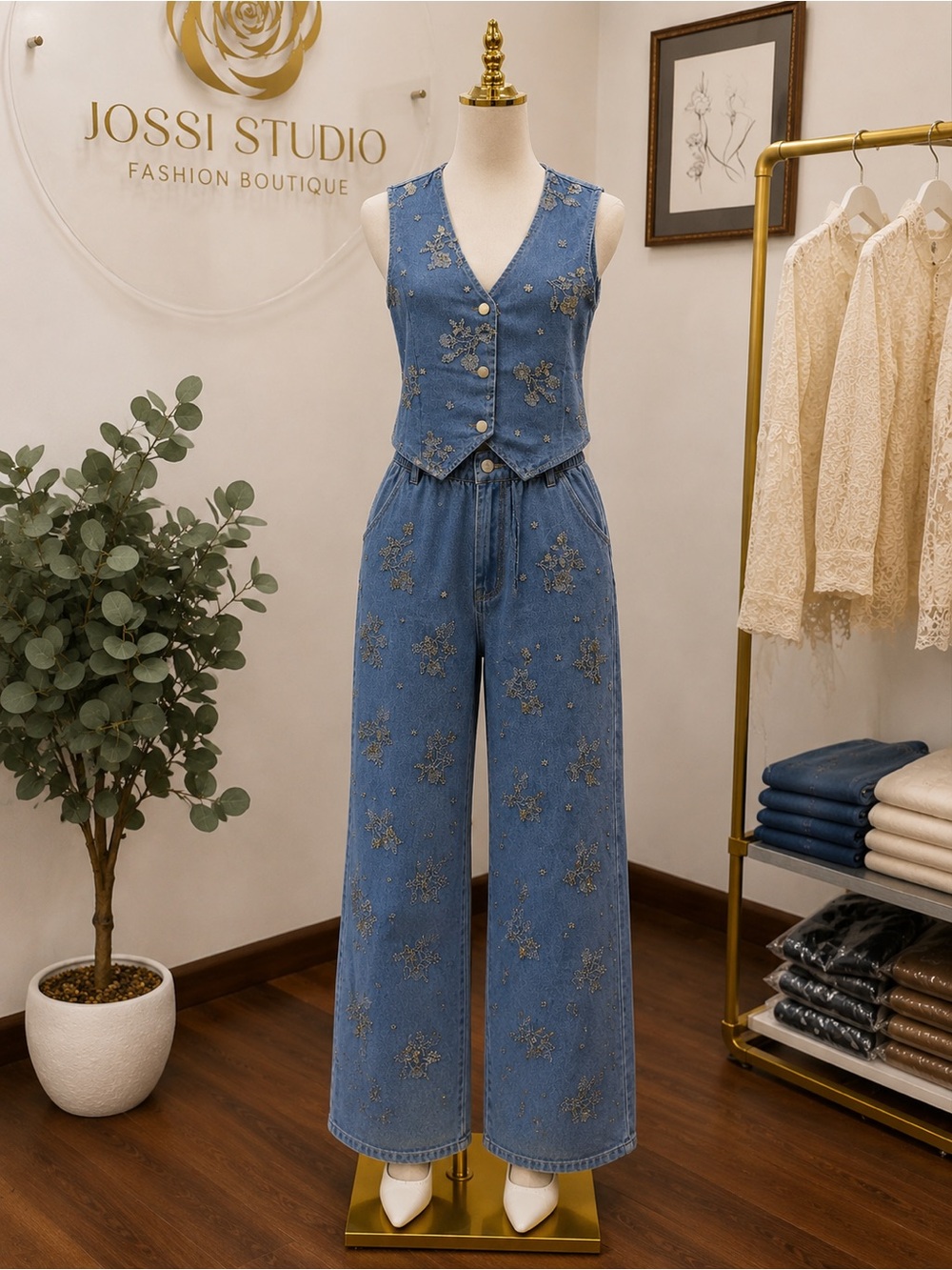 Rhinestone Denim Vest & Jeans 2-Piece Set NWT